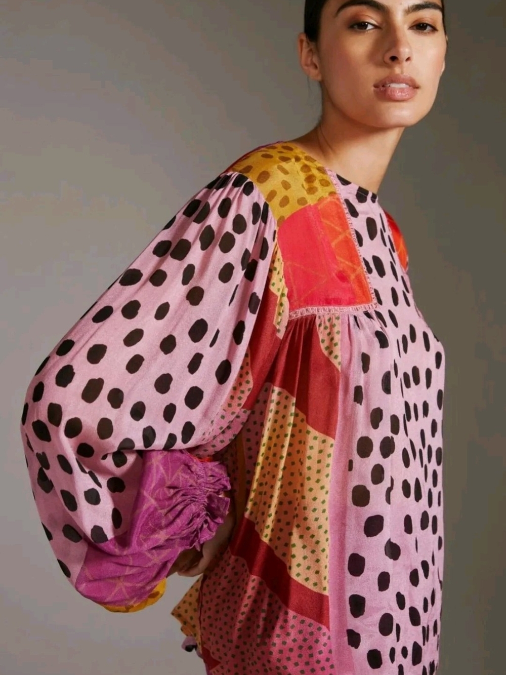 Pink Polka Dot Mixed-Print Balloon Sleeve Top